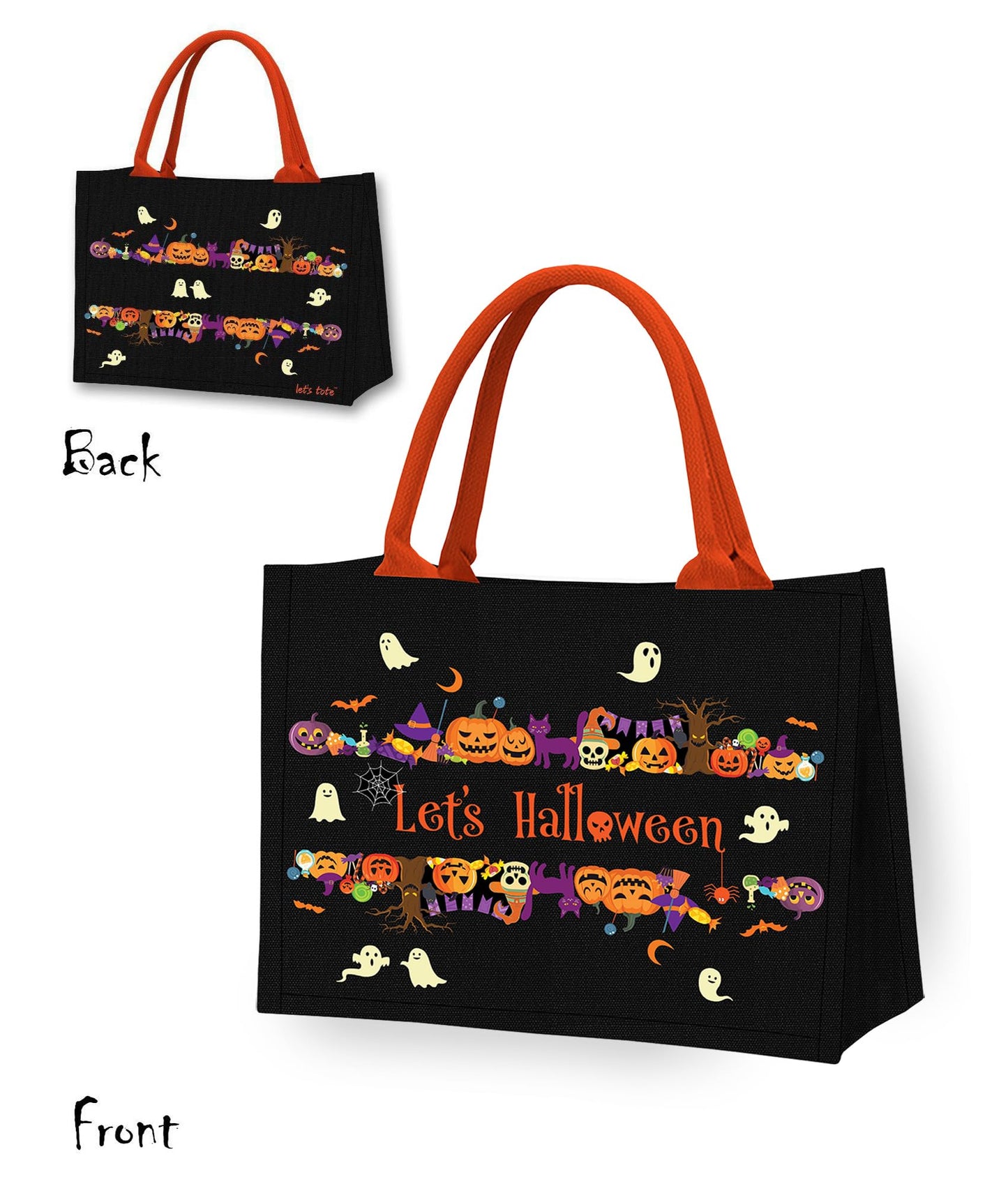 Let's Tote Halloween Canvas Candy Tote Bag With Handle, Ghosts Glow In The Dark, Great Pumpkin Halloween Party Gift. Reusable Bag for Trick or Treat, Candy Bucket. (Large 1-Pack)
