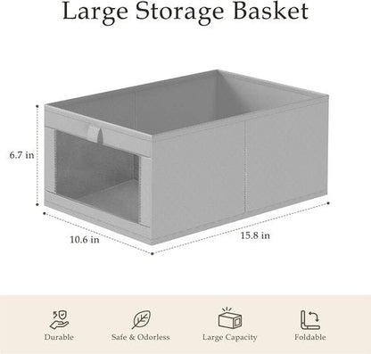 Criusia Linen Closet Organizers - 4 Pack Large Foldable Storage Baskets for Towels, Clothing & More | Grey