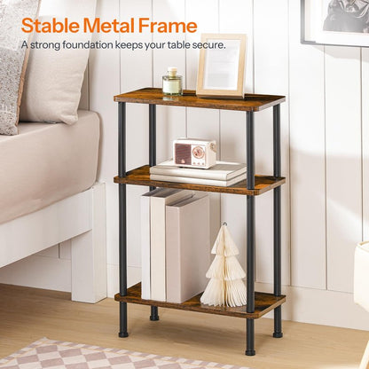 HOOBRO Narrow Side Table, 3-Tier Slim End Table No Tools Needed, Twist-On Assembly, Skinny Nightstand Sofa Storage Shelf for Living Room, Bedroom, Study, Rustic Brown and Black BF246BZ01N1