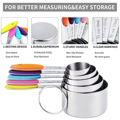 TILUCK measuring cups and magnetic measuring spoons set, stainless steel measuring cups, 6 double-sided stainless steel measuring spoons & 1 leveler (12)
