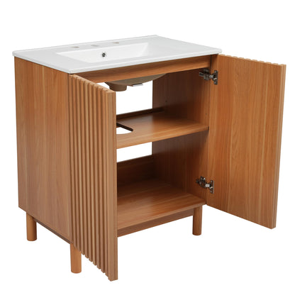 Merax 29.9" Bathroom Vanity with Ceramic Sink, Solid Wood Legs, MDF Cabinet, U-Shaped Adjustable Shelf, Space-Saving Bathroom Storage Cabinet, Traditional American Style