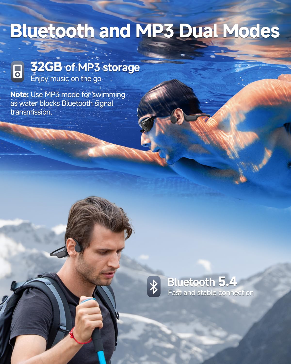 PSIER Bone Conduction Headphones IPX8 Waterproof Swimming Headphones Open Ear Headphones with MP3 Mode 32GB Memory Up to 8 Hours Playtime Bluetooth 5.4 Ear Buds Secure Fit for Running and Fitness