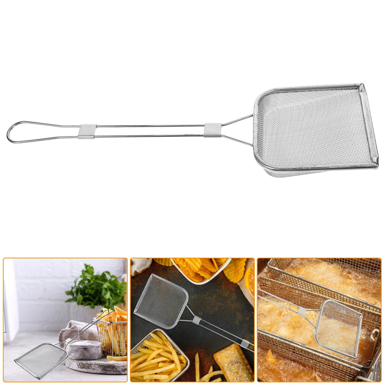 STOBAZA Fine Mesh Skimmer Spoon for Hot Pot and Frying Stainless Steel Fat Skimmer with Long Handle and Hanging Hole Food Strainer for French Fries Poached Eggs Vegetables and Meat 16.92 X 5.11 Inch