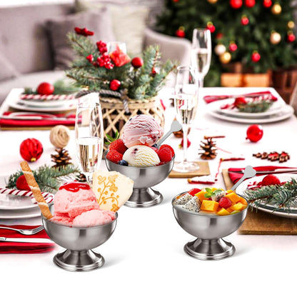 TOYANDONA 4pcs Stainless Steel Footed Dessert Bowls with Forks - Thickened Japanese-style Ice Cream Cups Silver Serving Bowls for Sundae Parfait Yogurt Pudding Salad Fruit, Home Kitchen & Restaurant