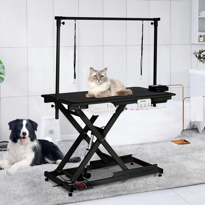 GarveeTech 50" Dog Grooming Table, Electric Hydraulic Grooming Table for Large Dogs or Small Dogs, Aluminium Overhead Arm, Anti Slip Tabletop, 6 USB Ports, Home & Salon Use, Max Capacity 330Lb, Black