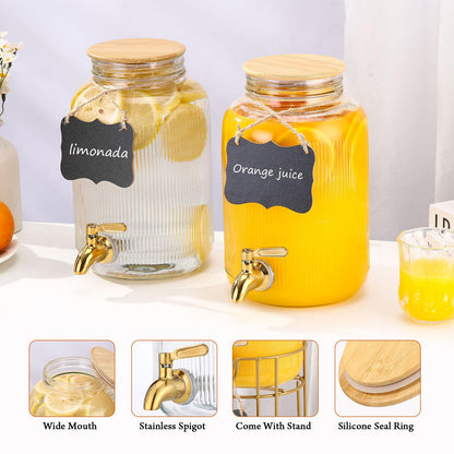 Drink Dispensers For Parties- 1 Gallon Beverage Dispenser with Stand and Spigot 18/8 Stainless Steel Leak-proof- Sun Tea Glass Jar For Outside, Juice Lemonade Dispenser