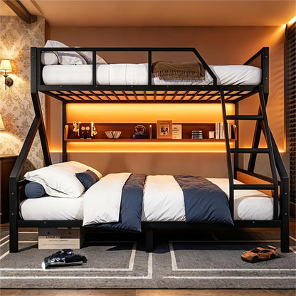 Bellemave Queen Over King Bunk Bed with Storage Shelf & LED Lights, Heavy Duty Metal Bunk Bed Frame with Guardrails & Ladder, No Box Spring Needed, Black