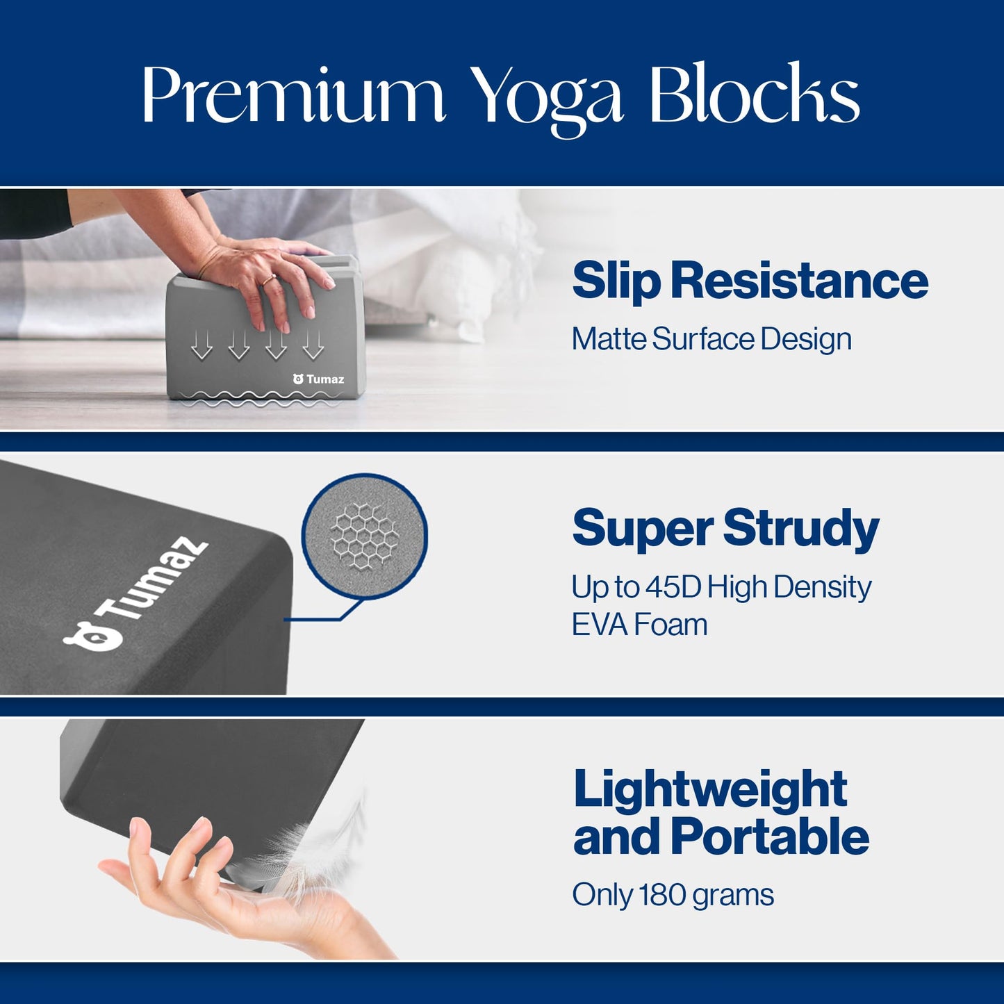 Tumaz Non-Slip Yoga Blocks 2-Pack - High Density/Lightweight EVA Foam & Natural Cork for Stability, Premium Set with E-Book Included