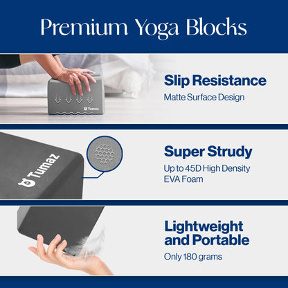 Tumaz Non-Slip Yoga Blocks 2-Pack - High Density/Lightweight EVA Foam & Natural Cork for Stability, Premium Set with E-Book Included