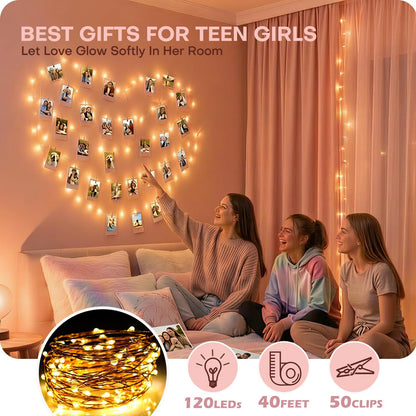 BRYUBR 40Ft 120LED 50 8 Teen Girl Gifts Trendy Stuff: Aesthetic Hanging Picture Fairy Lights with Clips - Modes