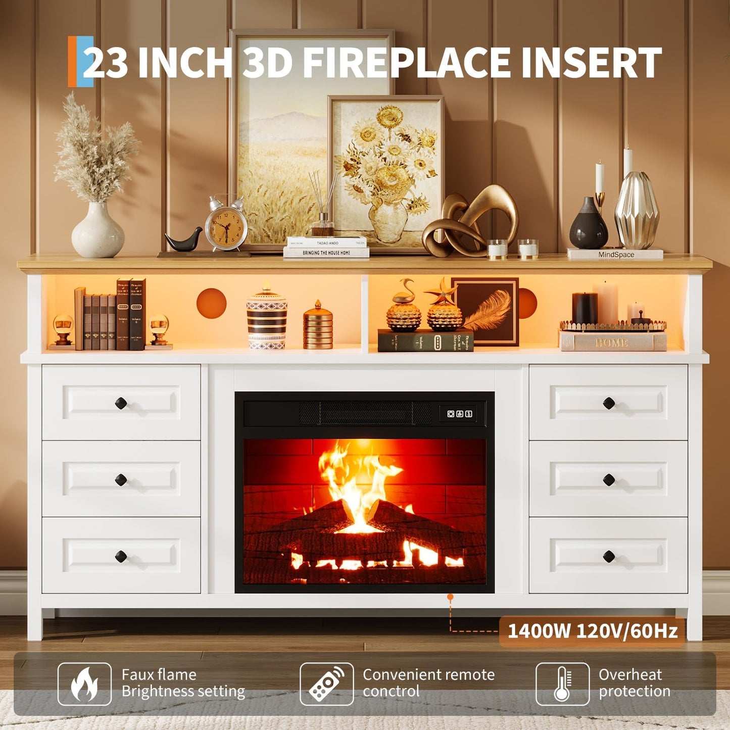 JoanKaren TV Stand with Electric Fireplace, 60" Entertainment Center for 65 Inch TV, LED Light Smart RGB, Modern Farmhouse Console, 6 Drawers Storage，Fit Into 23''Electric Fireplaces(White)