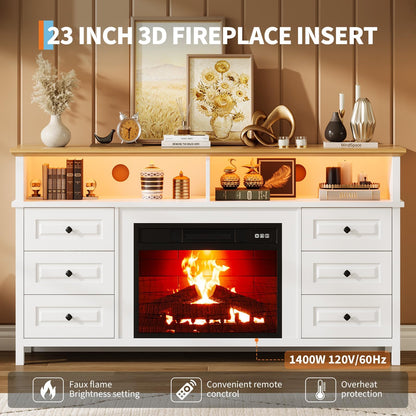 JoanKaren TV Stand with Electric Fireplace, 60" Entertainment Center for 65 Inch TV, LED Light Smart RGB, Modern Farmhouse Console, 6 Drawers Storage，Fit Into 23''Electric Fireplaces(White)