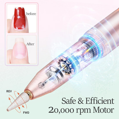20000RPM Electric Nail Drill Compact Portable Efile Professional Manicure Pedicure Nail File Drill Kit for Acrylic, Gel Nails and Home Salon Use