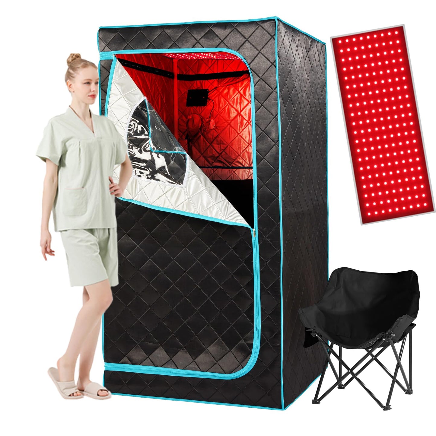 AURGOD Portable Infrared Sauna for 1 Person, Red Light Therapy Full Size Home Sauna Box with Premium Dry Heating, Remote Temperature Control, Heated Foot Pad & Reinforced Folding Chair