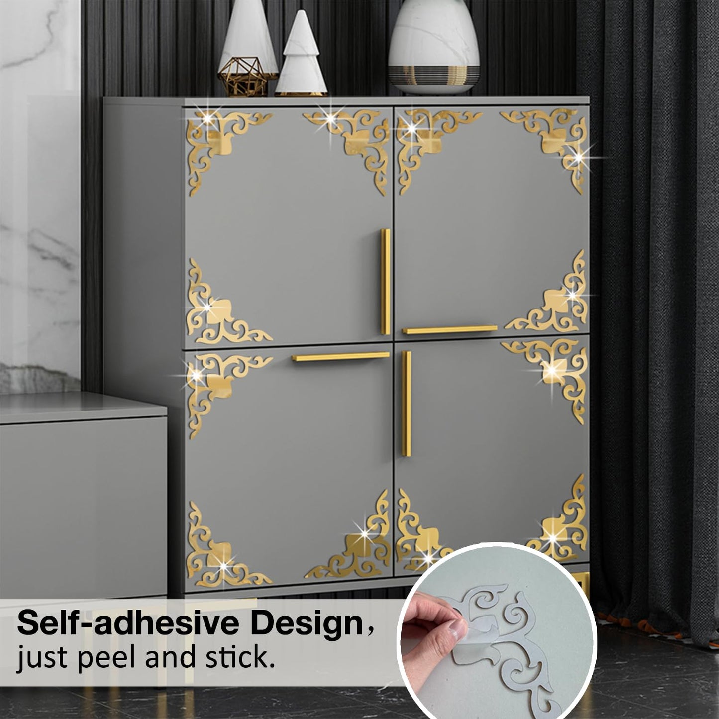 funlife Hollow Self Adhesive Mirror Wall Stickers, Small Plastic Gold Mirror with Adhesive Back for Home Cabinet Wall Decor 3.94" X 3.94" 16 PCS Corner Onlay Applique Pattern-Mirror