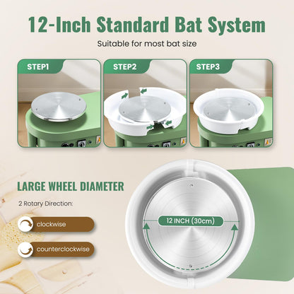 Huanyu Pottery Wheel Machine, 12-Inch Bat System Manual & Foot Pedal Control Electric Ceramic Wheel Forming Machine Art Clay DIY Sculpting Tool Kit (Green)