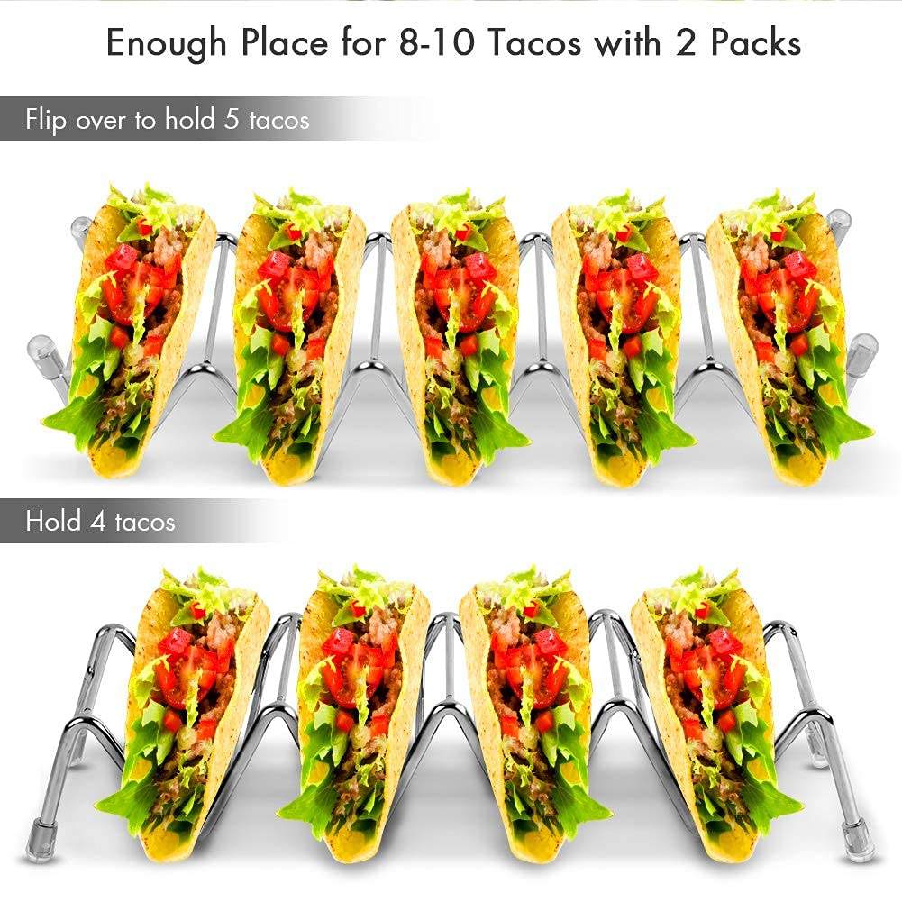 Stainless Steel Taco Holders 2-Pack, Holds 4 Tacos Each, Grill & Oven Safe Taco Shell Stands for Taco Bar Gifts & Accessories, Dishwasher Safe