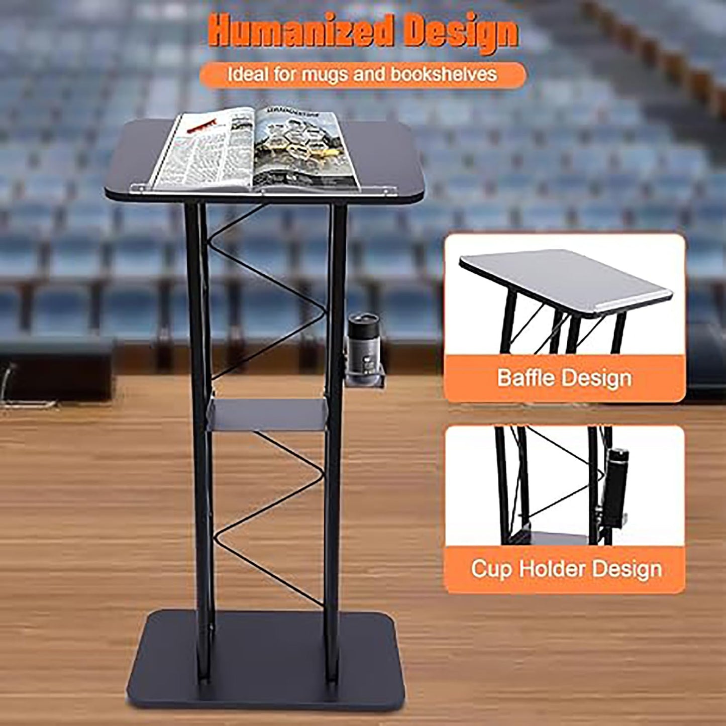 Black Curved Podium Stand - Metal Lectern for Classroom, Stage & Church - Large Pulpit for Speeches, Ceremonies, Celebrations - Professional Presentation Equipment