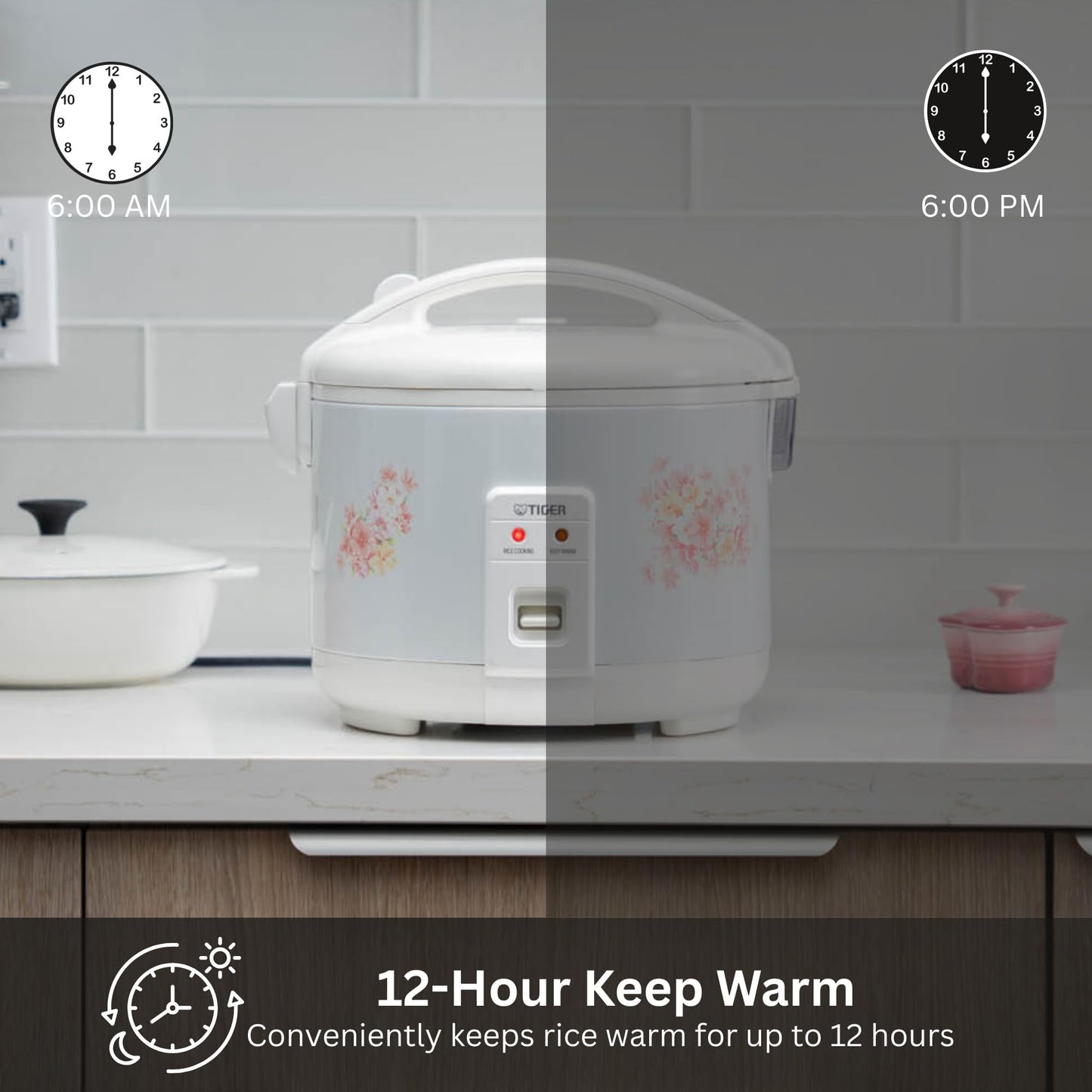 Tiger JNP-0550-LF 3 Cup Capacity White Rice Cooker with Non-Stick Inner Pot, Retractable Power Cord, and Keep Warm up to 12 hours (Flower)