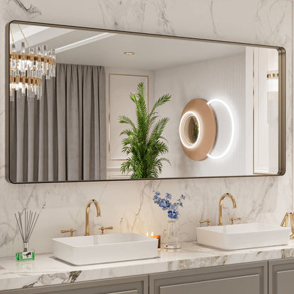 LOAAO 72”X32” Bronze Bathroom Mirrors for Vanity, Rounded Rectangle Brushed Bronze Metal Frame Mirror, Anti-Rust, Tempered Glass, Hangs Horizontally or Vertically