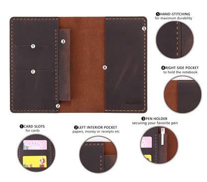 Leather Notebook Cover for Field Notes, Handmade Journal Cover for Moleskine Cahier Journal, Leather Cover with Pen Holder fits 3.5" x 5.5" Pocket Notebook - Coffee