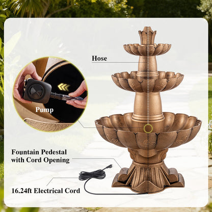 MO 48.8" 3-Tier Freestanding Water Fountain Outdoor Garden, Like Stone Large Bird Bath with Pump, Outdoor Waterfall Feature for Yard Patio Home Decor