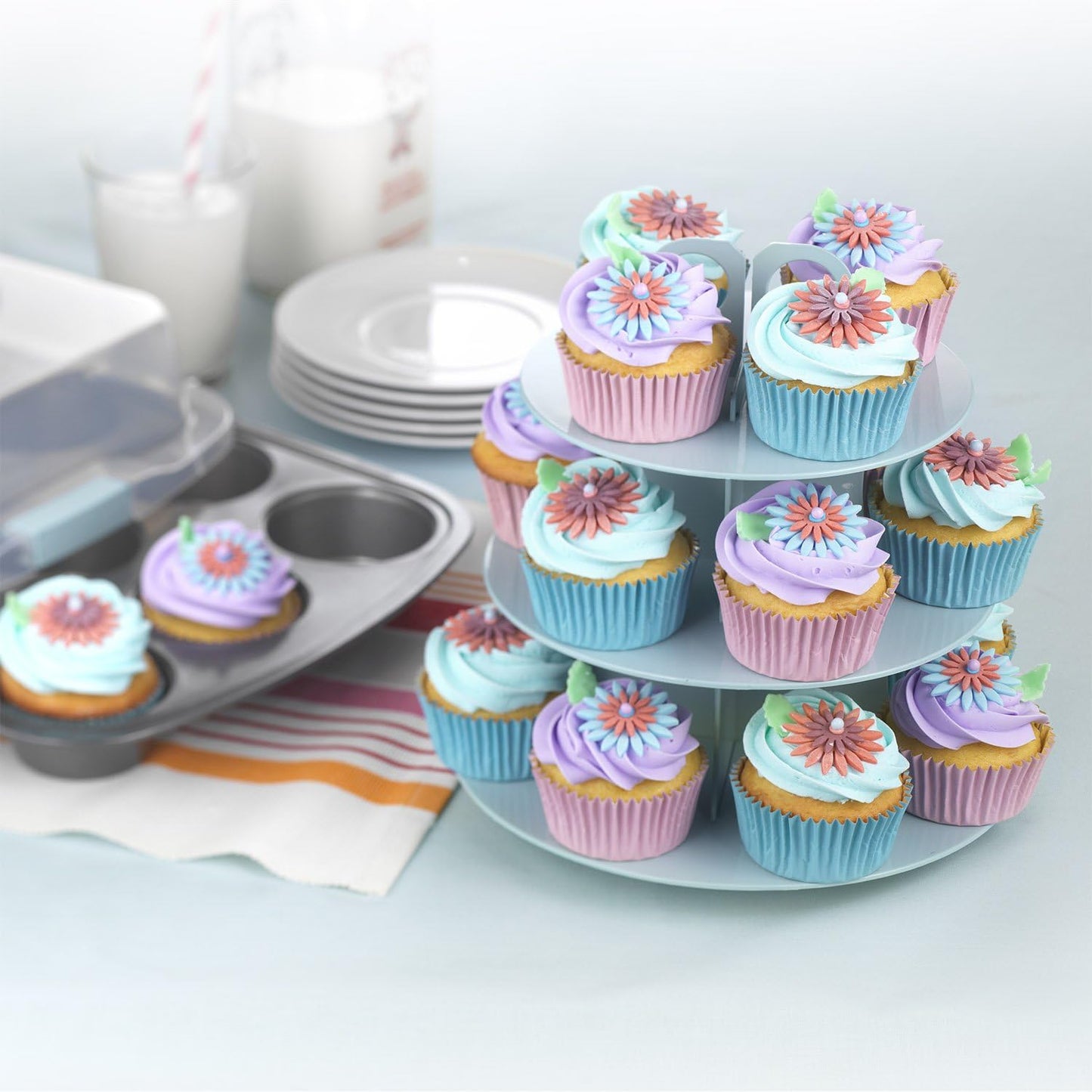 GoodCook Sweet Creations Bake-Take-Serve Nonstick Cupcake Pan Set with Tiered Stand, Silver/Blue