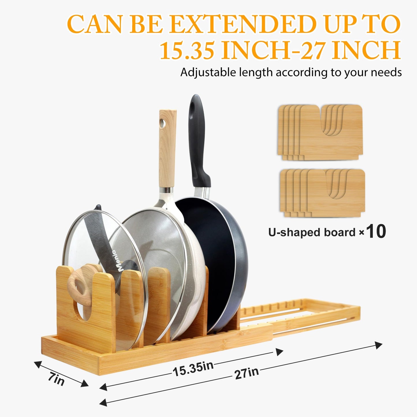 MinBoo Bamboo Expandable Pot Lid Organizer, Pot and Pan Organizer Drawer Organizer for Pot Lids, Adjustable 10 U-Shaped Dividers for Kitchen Cabinet Organizers and Storage (Bamboo-1)
