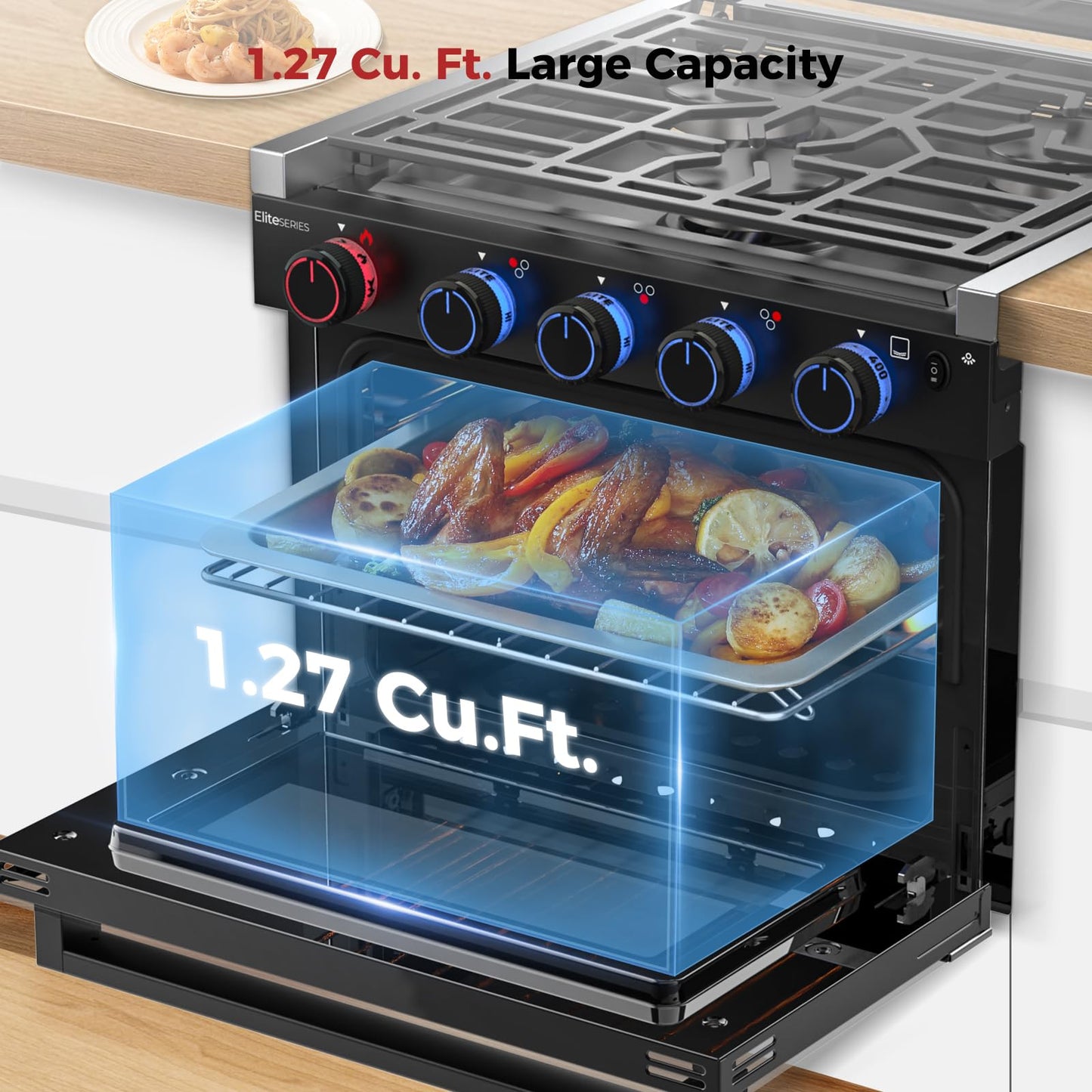 CAMPLUX Elite RV Propane Oven Stove Combo 17 Inches, 1.27 Cu.ft. Gas Oven Stove with 3 Burners, Total Output 28,100 BTU/Hr, Gas Ranges for RV, Apartment or Mini Kitchen, Black RGP17MGB