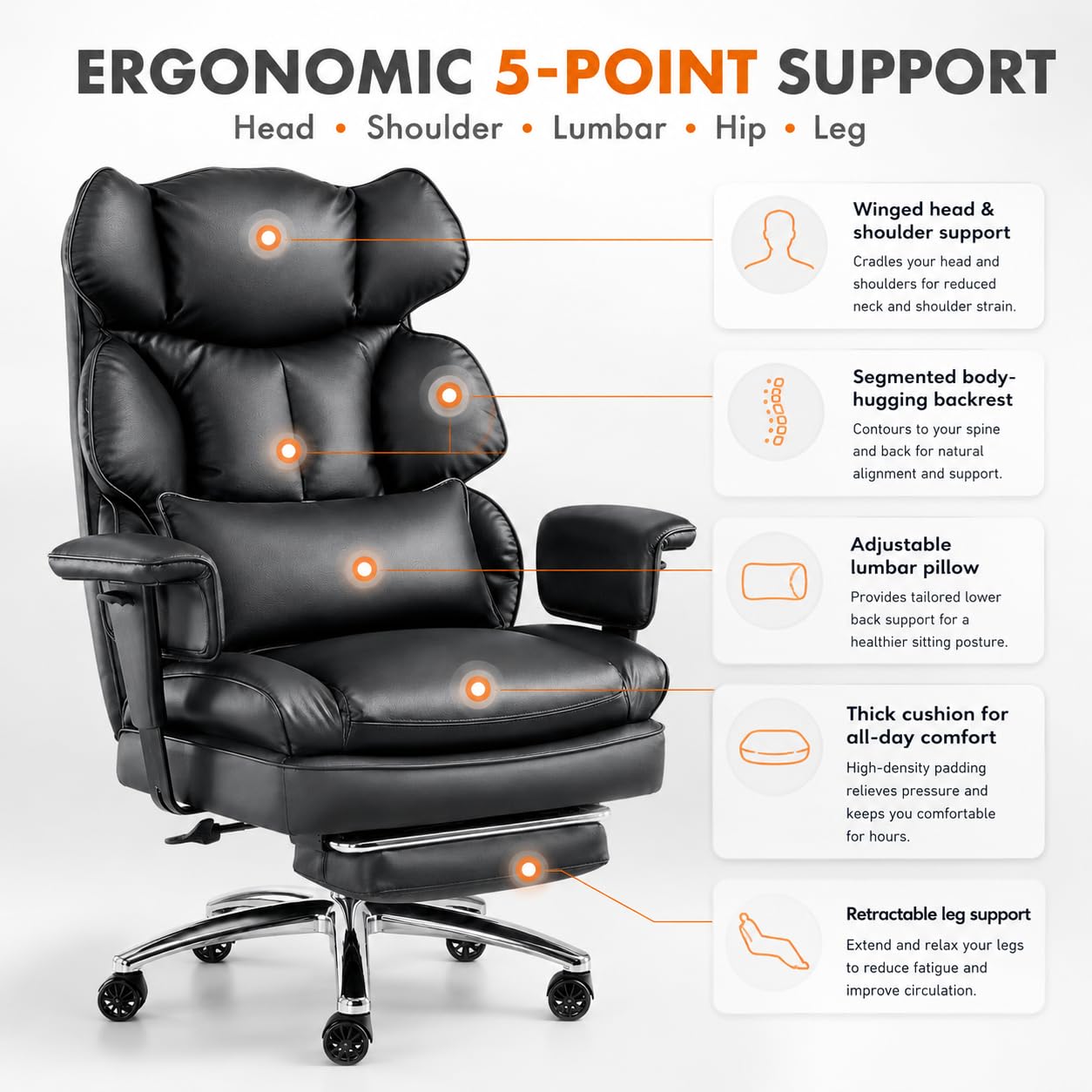Big and Tall Ergonomic Office Chair with Footrest, Executive High Back PU Leather Desk Chair, Reclining Computer Chair with Adjustable Lumbar Support and Armrests, Swivel Rolling Gaming Chair, Black