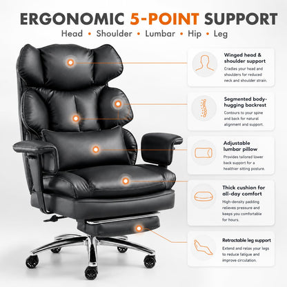 Big and Tall Ergonomic Office Chair with Footrest, Executive High Back PU Leather Desk Chair, Reclining Computer Chair with Adjustable Lumbar Support and Armrests, Swivel Rolling Gaming Chair, Black