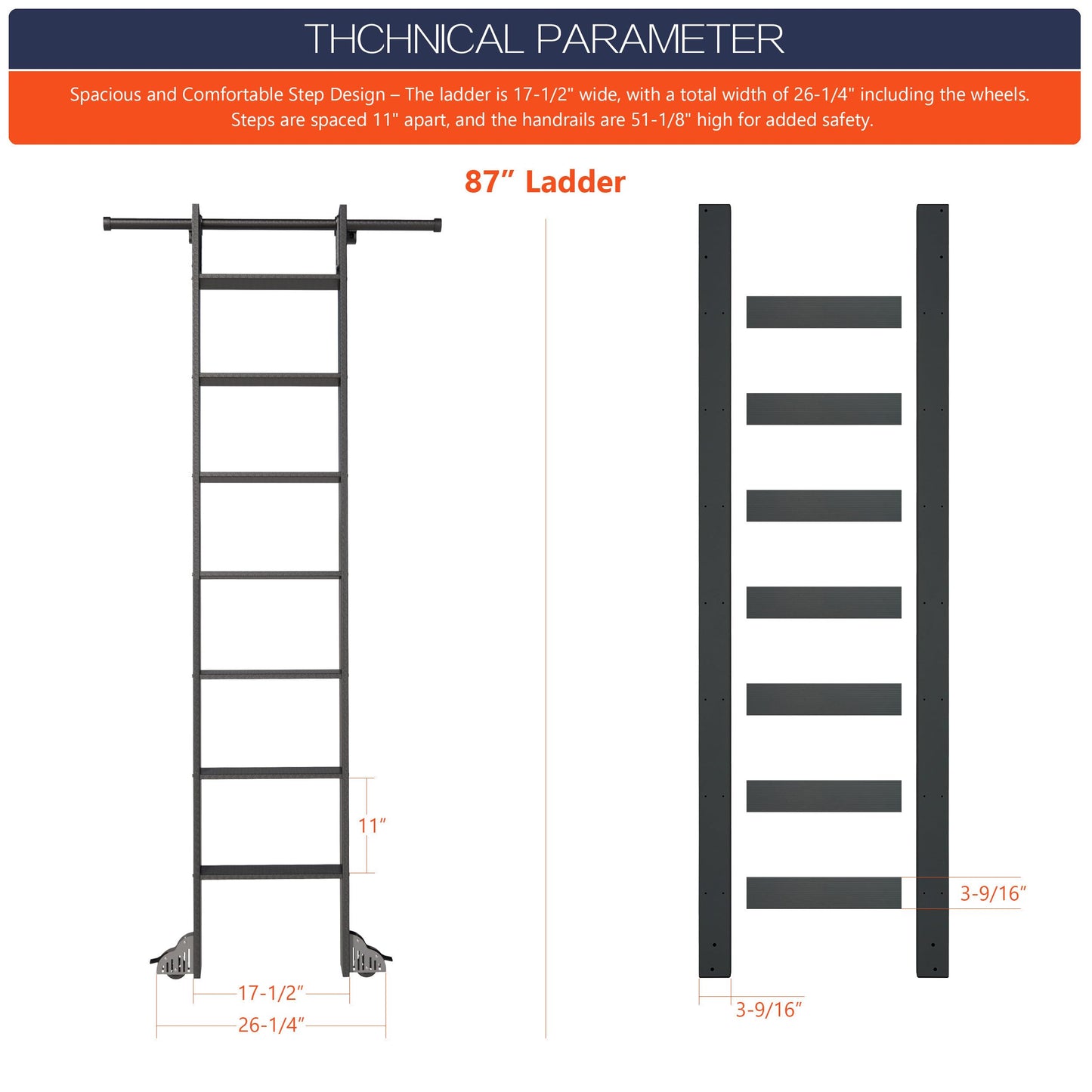 HARDJULAN 87" Black Sliding Library Ladder with 3.3FT Hook Track – Lightweight Aluminum Rolling Ladder with Braking Wheels, Space-Saving Rail Mounted Ladder System for Home Library, Closet & Storage