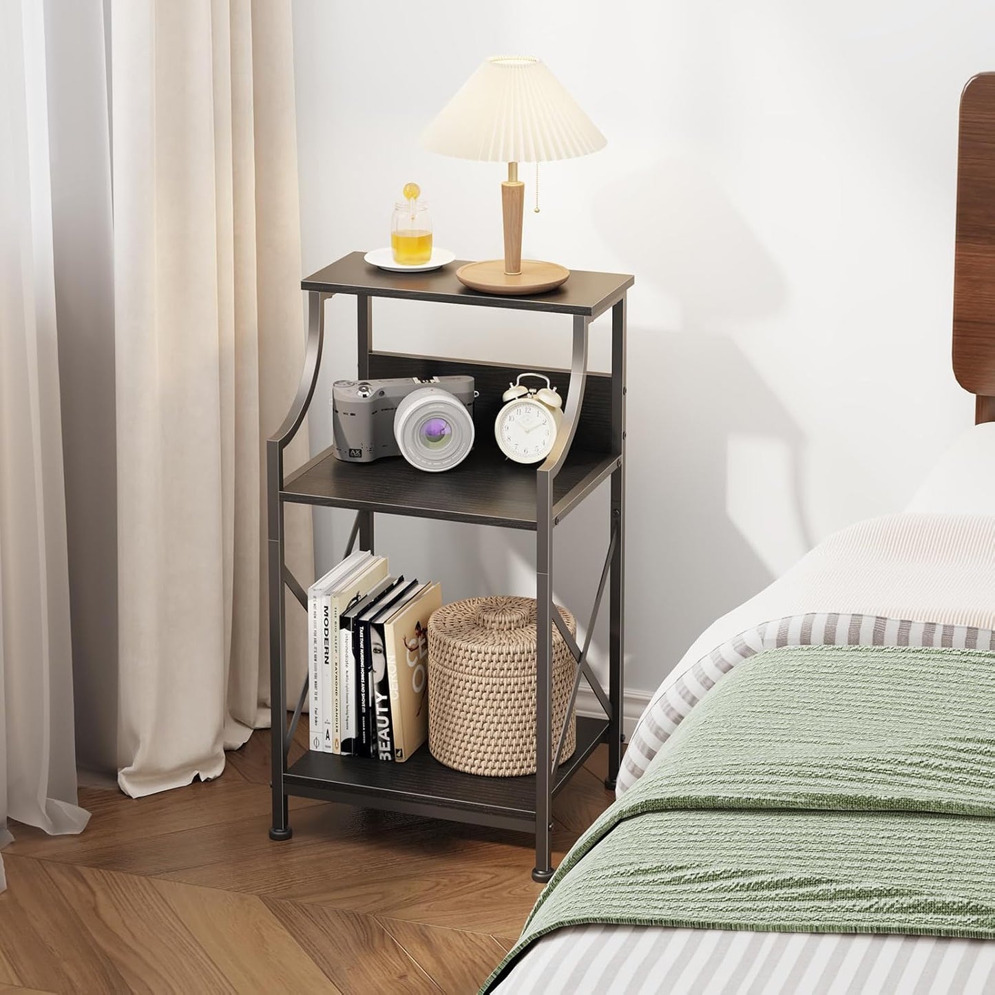 3-Tier HOMEKOKO Side Table, Small End Table for Living Room, Bedroom, Retro Design Metal-Wood End Table, Industrial
