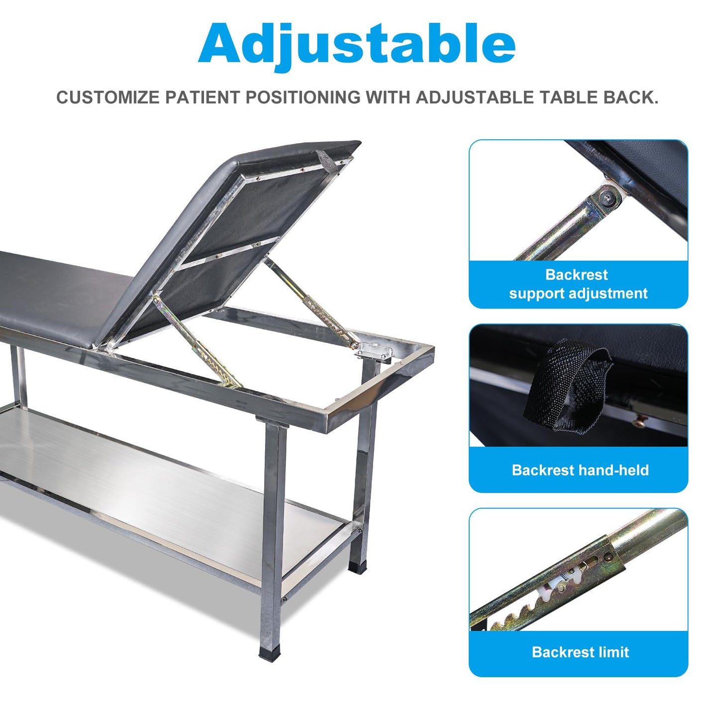 GuangzhuBS Advanced Examination Bed with Lower Storage Compartment and Paper roll Dispenser - Inspection Table/Adjustable backrest/Stirrups/Black/Stainless Steel,Maximum Weight Capacity: 480 lbs.