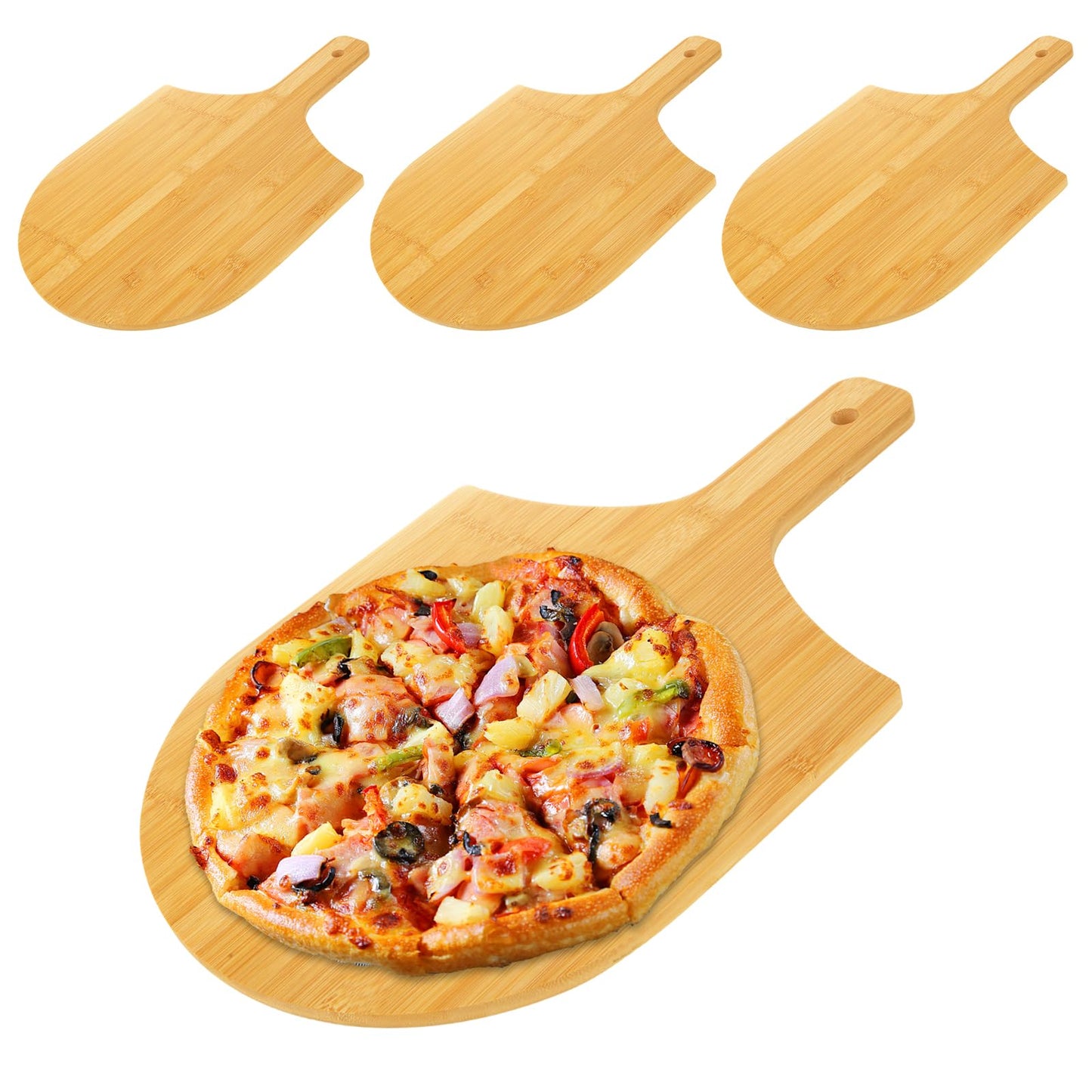 MUXHEL 4 Pcs Bamboo Pizza Peel 12 Inch, Wood Pizza Paddle 12 Inch, Pizza Cutting Board with Handle for Making Pizza