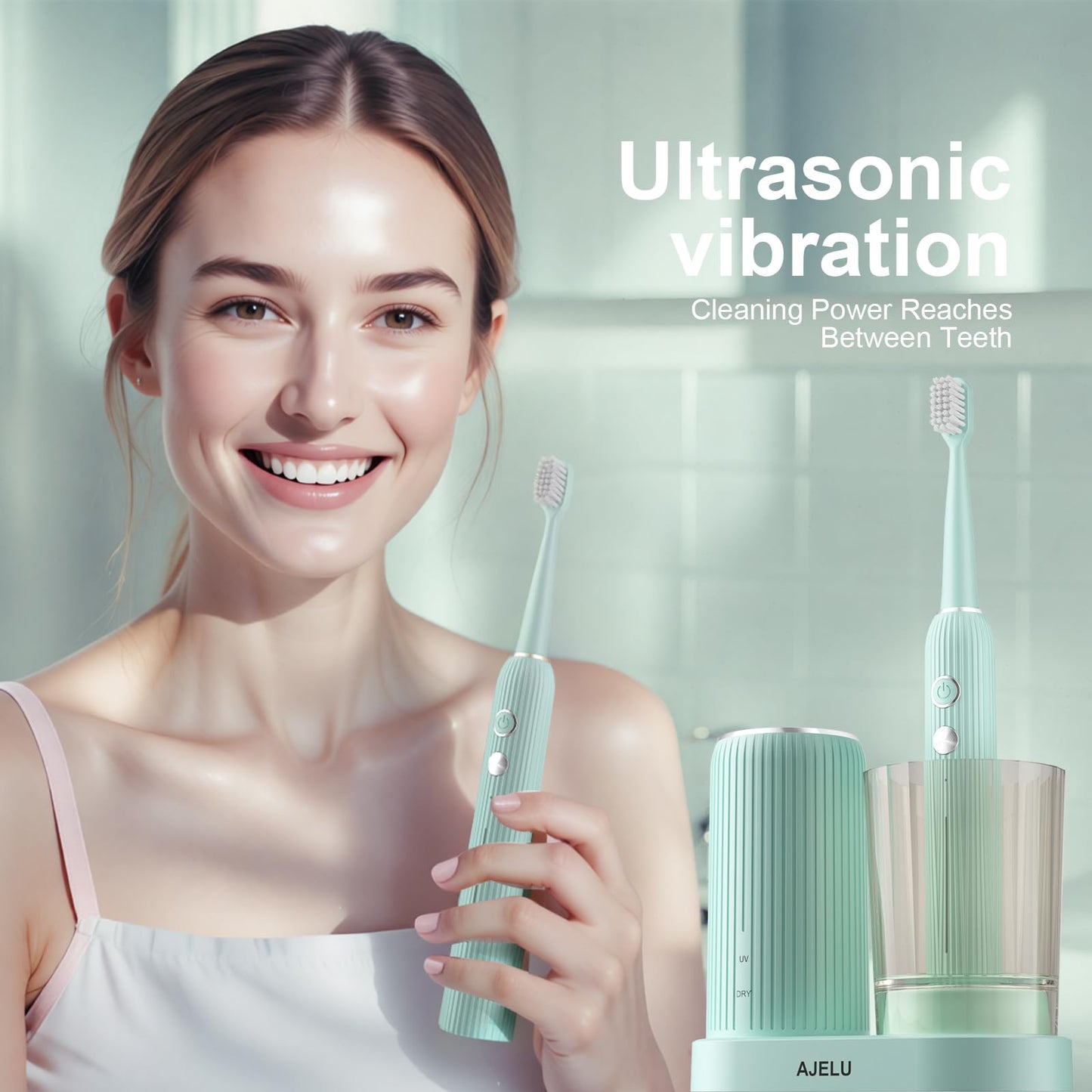 Electric Toothbrush Set with Drying & Sanitizing Holder, 8 Replacement Brush Heads, Transparent Rinse Cup, Smart Timer, USB Rechargeable for Adults