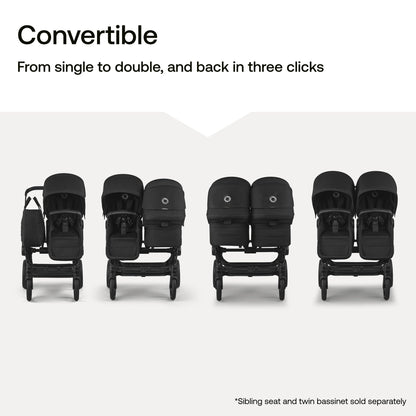 Bugaboo Donkey 6 Sibling Seat – Complete Second Seat Kit for Side-by-Side Double Stroller Conversion, Reversible & Reclining Toddler Seat with Sun Canopy – Heritage Black