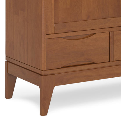 SIMPLIHOME Harper Medium Storage Cabinet - 48 inch Wide Solid Hardwood Sliding Door Cabinet in Teak Brown, Mid-Century Modern Cupboard for Living Room or Entryway with 3 Drawers and Tapered Legs