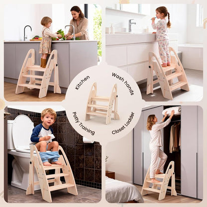 Toddler Step Stool, Wooden Foldable 3-Step Stool for Kids, Potty Training Stool with Handles and Non-Slip Strips for Bathroom Sink, Kitchen, Bedroom