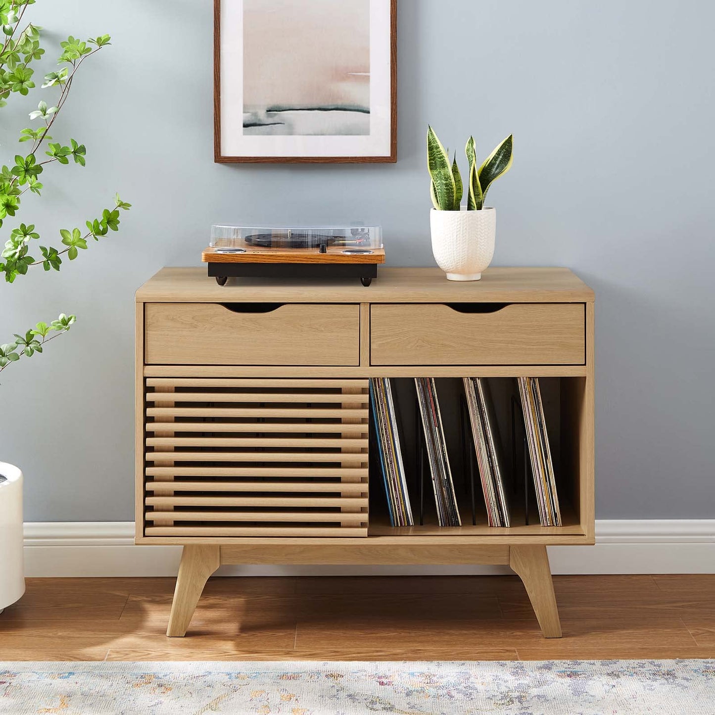 Modway Render Mid-Century Modern 37" Vinyl Record Display Stand with Drawers in Oak