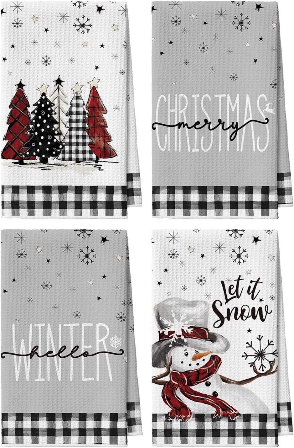 18x26 Inch Set 4 Artoid Mode Black Xmas Tree Snowman Merry Christmas Kitchen Towels, Quick Dry Microfiber Cloth Dish