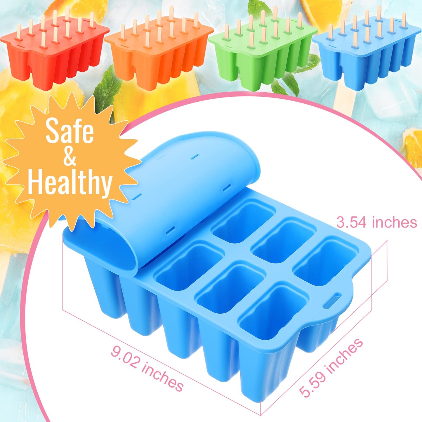 Hoolerry 4 Set Silicone Ice Lolly Molds, Reusable Ice Cream Molds with 200 Wooden Sticks, Easy Release Pop Maker, Frozen Treat Mold for Homemade, Red, Blue, Green, Orange(10 Cavities)