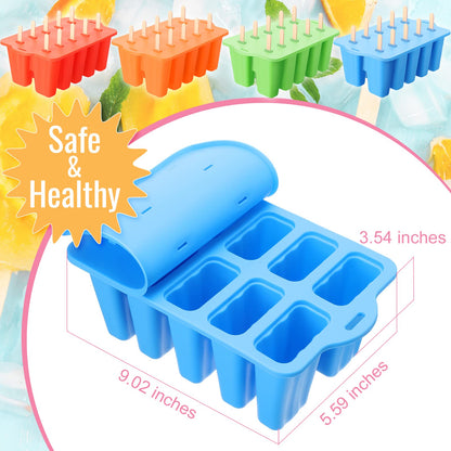 Hoolerry 4 Set Silicone Ice Lolly Molds, Reusable Ice Cream Molds with 200 Wooden Sticks, Easy Release Pop Maker, Frozen Treat Mold for Homemade, Red, Blue, Green, Orange(10 Cavities)