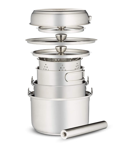 Camping Cookware Set 304 Stainless Steel 8-Piece Pots & Pans Open Fire Cooking Kit | Frying Pan Steamer with Travel Tote Bag | Compact For Outdoors & Indoors Kitchen Family Campfire Hiking RV