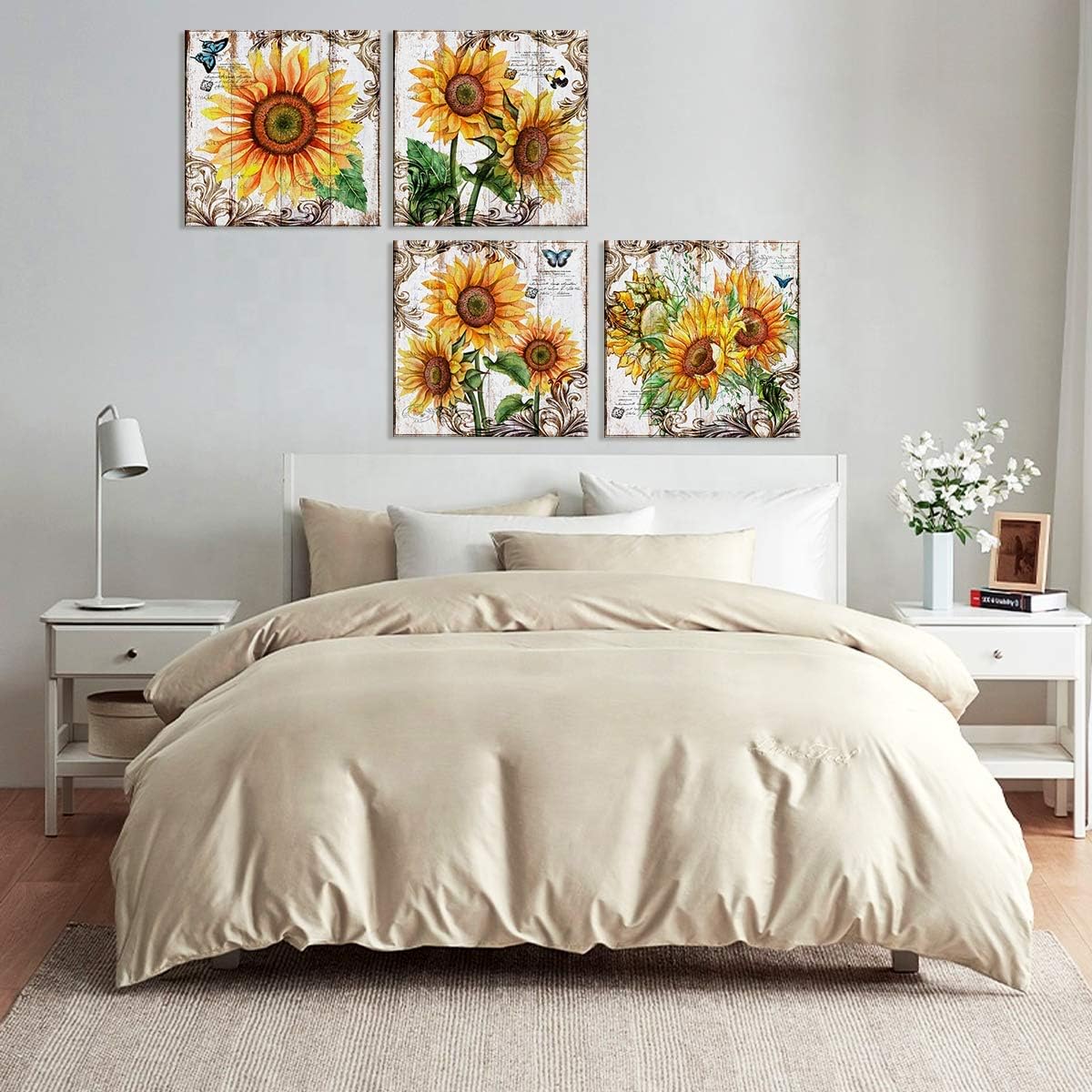 Sunflower Wall Art Bathroom Decor - Rustic Kitchen Yellow Flower Canvas Prints, 12x12" 4Pcs