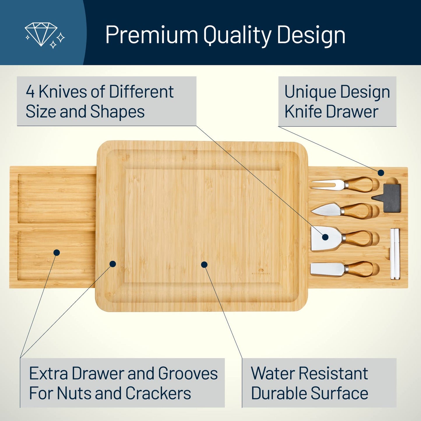 RoyalHouse Unique Bamboo Cheese Board & Knife Set with 2 Slide-Out Cutlery Drawers - Charcuterie Boards Set - Gifts for Women Birthday, Wedding Couples 2025, Bridal Shower