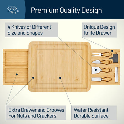 RoyalHouse Unique Bamboo Cheese Board & Knife Set with 2 Slide-Out Cutlery Drawers - Charcuterie Boards Set - Gifts for Women Birthday, Wedding Couples 2025, Bridal Shower