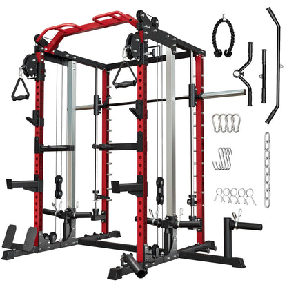 Roygym Power Cage Home Gym, Dual Pulley Cable Crossover System, All-in-One Squat Power Rack with Strength Training Attachments for Full-Body Workouts