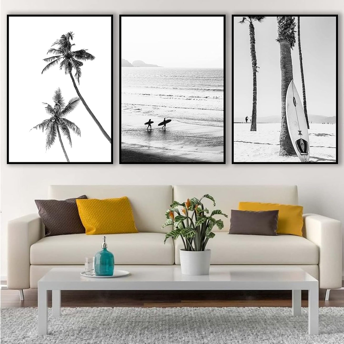 VLOLIFE Black and White Coastal Surfing Landscape Posters and Prints, Unframed Canvas Painting Home Decor 16X24inchX3