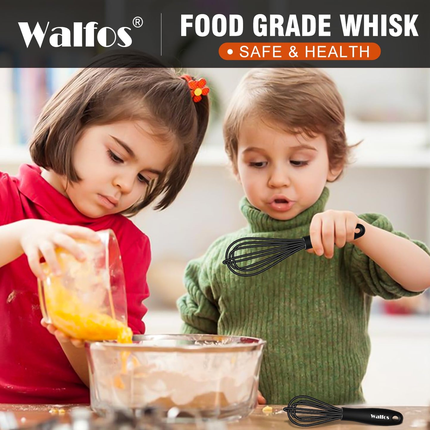 Walfos Whisk 5+7in/12cm+17cm Mini Whisk,Silicone Whisks Non Scratch Heat Resistant (480°F). Nice for stirring individual eggs and mixing small amounts of powder and sauce.Dishwasher Safe.Black
